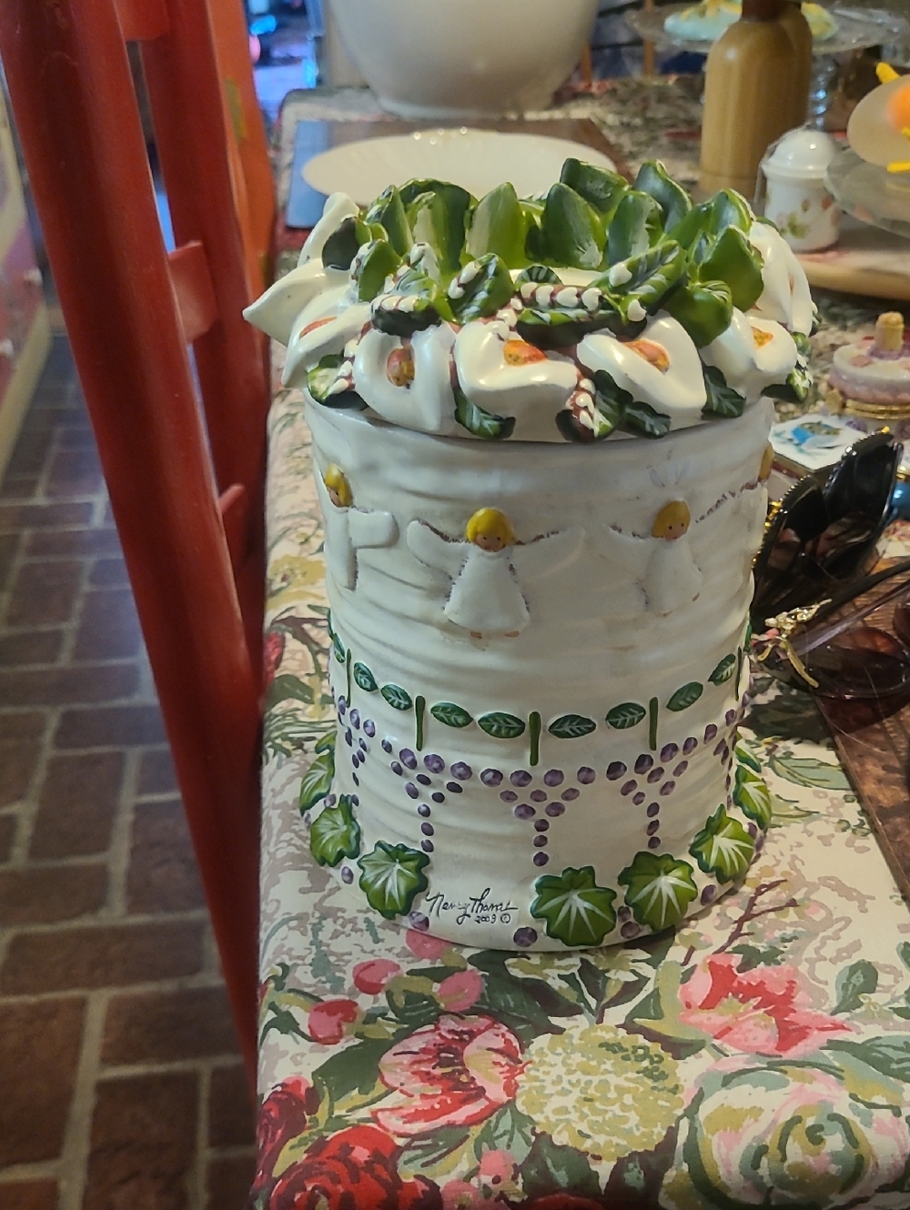 Nancy ThomHand-Painted White Ceramic Decorative Canister with Green Leaf Accents